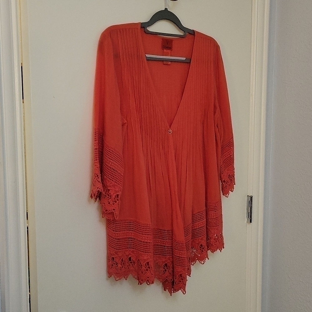 V CRISTINA Coral Crochet Lace Pintucked Kimono Festival Blouse - Picture 2 of 10